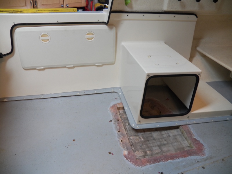 This new hatch is the proposed location for an Espar D2 Diesel heater. The heater is a little smaller than a football, but on a CD 16 even that amount of room is hard to find. It appeared that an access hatch in the cockpit panel would provide enough room. These hatches were available in "Seafoam," a color that some websites said was discontinued. It matches pretty good.