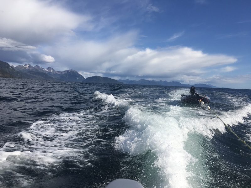 Towing 13 foot Kaboat with motor on. West side Chichagof  Island, Unprotected Gulf of Alaska  waters