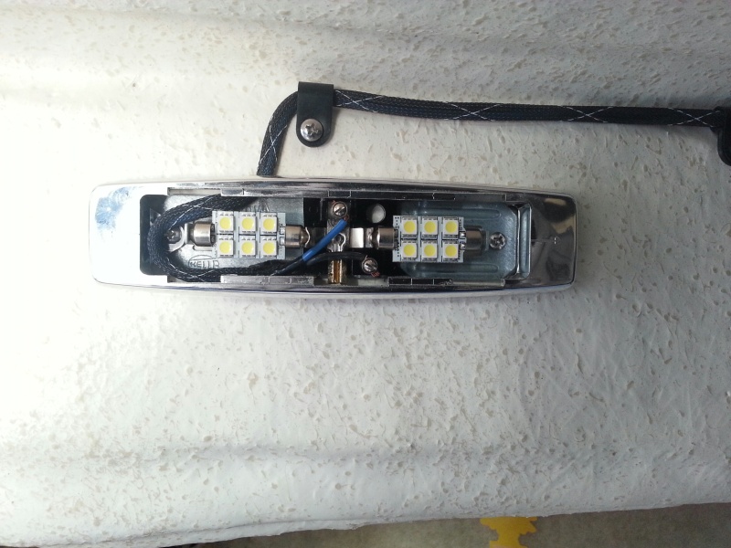 twin marine beam LED bulbs in each of the original Hella fixtures (cover removed)