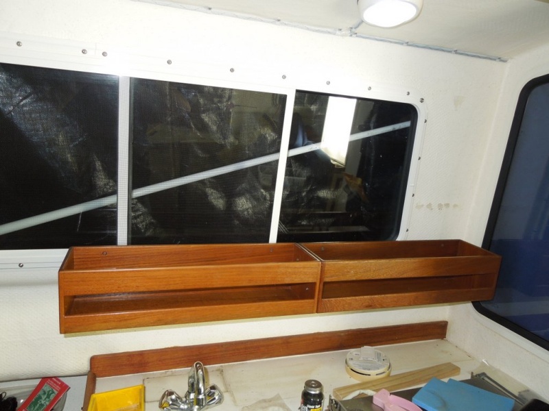 Two SEATEAK units end to end, came with the boat and were up in the V-birth.  Finished with Helmsman Spar Urethane.