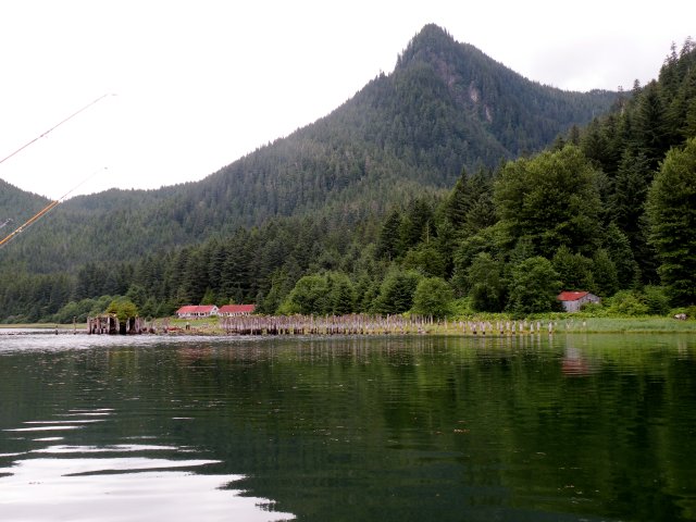 View of cannery ruins at Taku Harbor