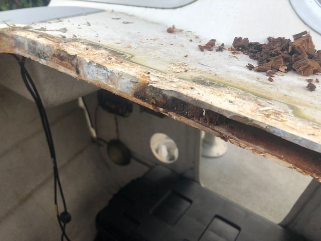 Water damage extended about 3 inches on aft side.