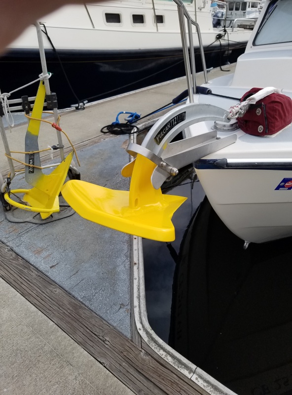 We just put on a Rocna Vulcan 25 in place of our old roll bar Rocna 22 the shorter shank pulls up tight on the roller and like the old Spade we loved on our big sailboat it has a weighted tip and if is anything like the Spade it will have a neck snapping set. We also changed over the gypsy to take the 50' of 5/16 g4 chain and 200' of 9/16 8 braid nylon off the Ranger Tug, we have seen gusts at times in the Sea of Cortez in the 85 mph range and one night in Lake Mead when the wind never dropped below 35-45 knots, in a small cove 15 feet off the lee shore rocks. We have seen a good sized sailboat go on the rocks behind us so we are happy to have always been "over anchored " Our Spade was yellow and easy to see on the bottom, always copy that now.