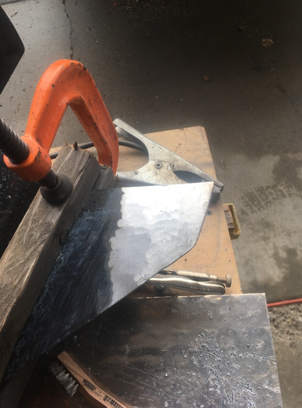 Welded neighbors skeg back together.
C clamps & water soaked 2x2 are a heat sink. Cast Alu. soaked in salt water is hell to weld, be it Tig. or Wire.